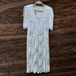 Vintage Jessica McClintock Ivory Lace Dress size 14 Satin Brocade Drop Waist USA